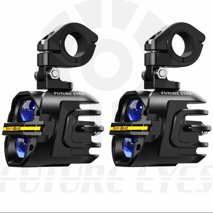 Two black motorcycle lights with blue lenses on a white background, branded 'Future Eyes'.