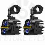 Two black motorcycle lights with blue lenses on a white background, branded 'Future Eyes'.