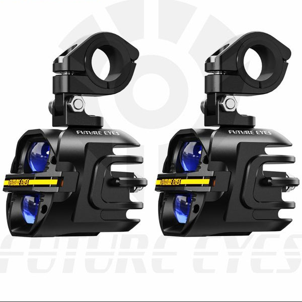 Two black motorcycle lights with blue lenses on a white background, branded 'Future Eyes'.