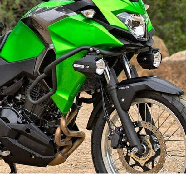Black powder-coated carbon steel crash bars for Kawasaki Versys X300 
X250 2017-2025 — installed view showing fairing and engine protection