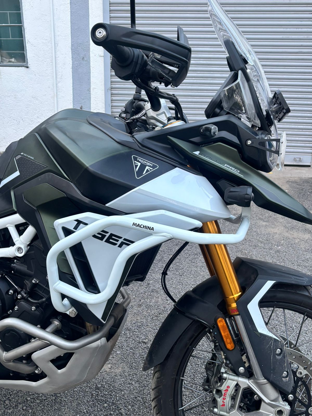 White powder-coated carbon steel tank guard for Triumph Tiger 900 
GT/Rally/Pro 2020–2023 — installed view showing fitment on tank