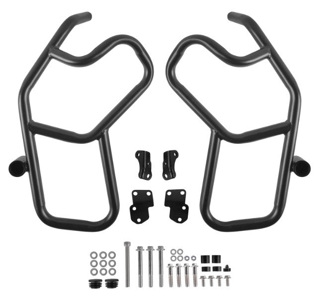 Black powder-coated carbon steel crash bars for Kawasaki Versys 1000 
and Versys 1100 — installed view showing fairing and engine protection
