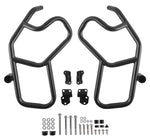 Black powder-coated carbon steel crash bars for Kawasaki Versys 1000 
and Versys 1100 — installed view showing fairing and engine protection